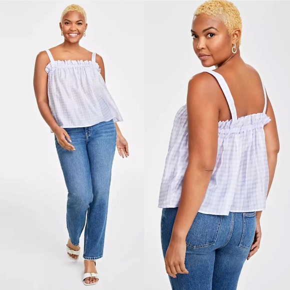 On 34th Women's Shirred Tonal-Stripe Gingham Print Camisole Top Purple Tank XL - Picture 2 of 14